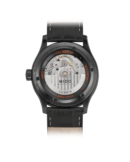 Montre Mido Multifort Dual Time en PVD noir avec cadran noir et bracelet en cuir