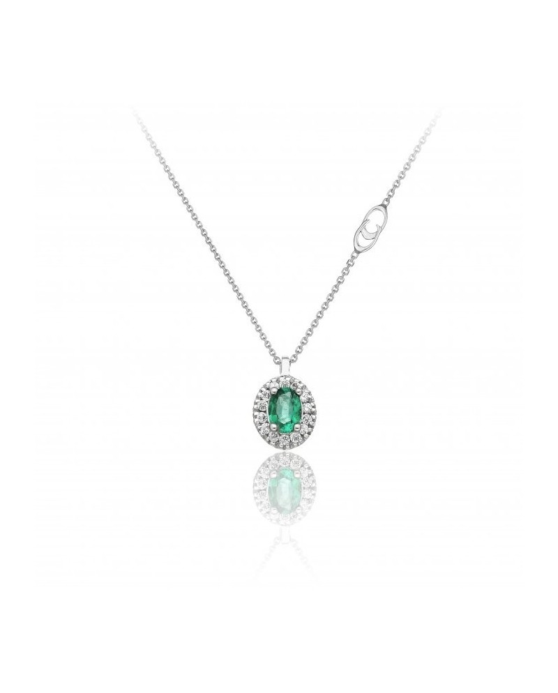 Chimento Tradition Diamond Queen Necklace in White Gold with 14 White Diamonds and Emerald