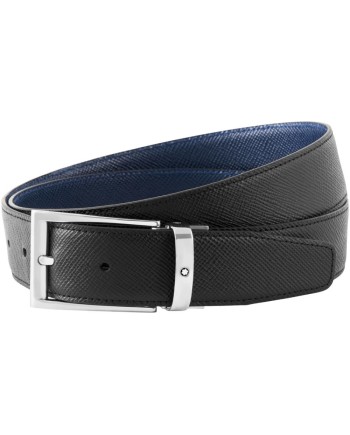 Cintura Montblanc in Pelle Double Face Nera/Blu con Fibbia Rettangolare