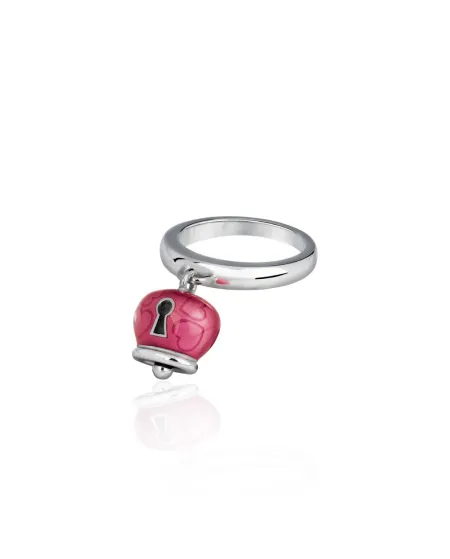 Bague Chantecler Et Voilà avec clochette en argent et émail bougainvillier